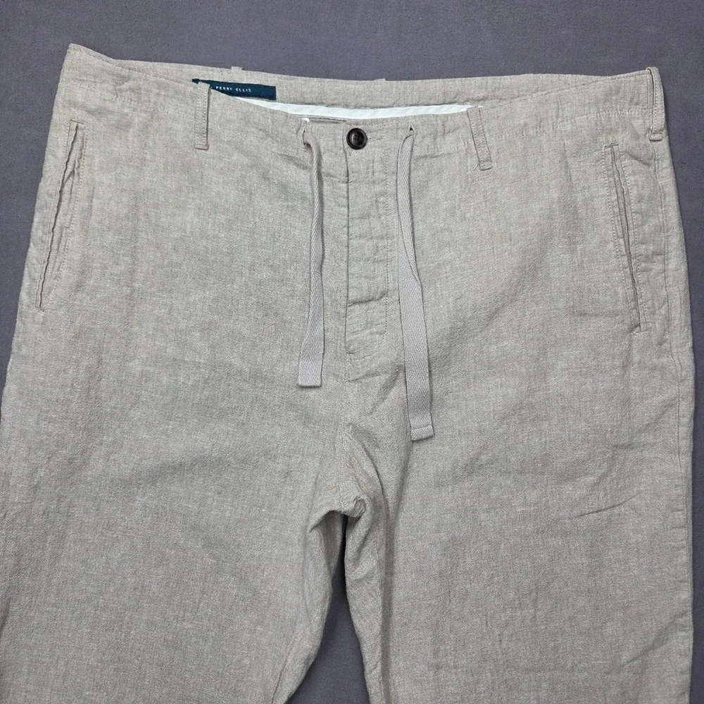 Perry Ellis Mens 38x30 Linen Blend Drawstring Pants Beige Straight Leg Size